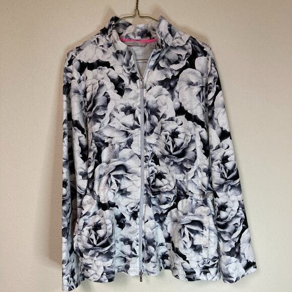 Isaac Mizrahi Live Women's Sweat Jacket Size L Zip Front Black White Floral - Picture 1 of 8